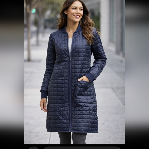 Athleta Jackets & Blazers - Athleta Grandview Prima Loft Long Quilted Jacket Navy Lightweight Puffer-SZ S